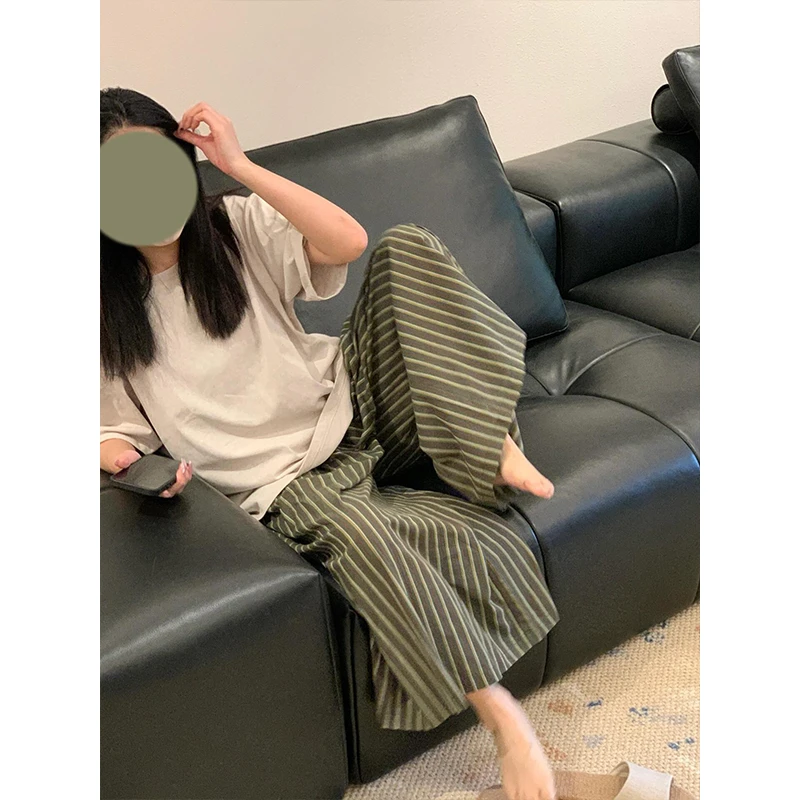 【简约纯色】ins韩版短袖睡衣女款夏季2025新款条纹睡裤套装家居服