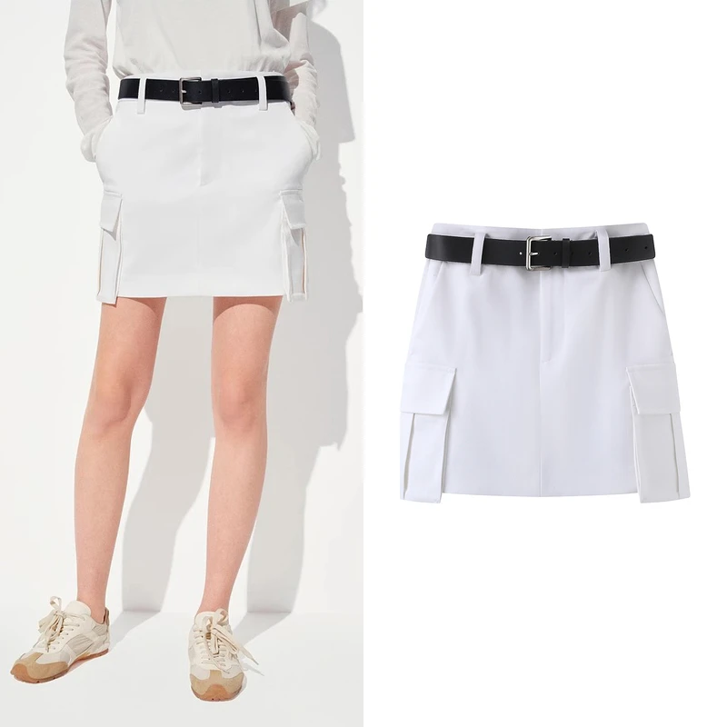 【短裙】2025夏新品附腰带中低腰错位工装口袋半身裙K6145