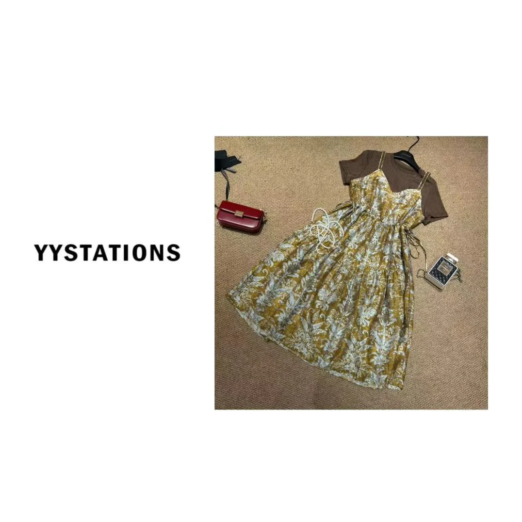 YYSTATIONS 【雨蝶！】设计感短袖拼接印花吊带裙假两件连衣裙-263