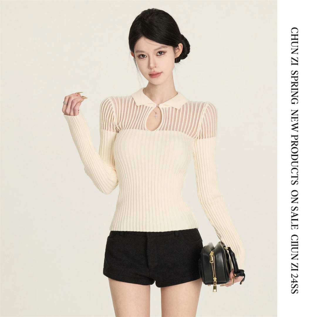 【CHUN ZI】秋冬设计感小众镂空修身套头毛衣女内搭打底针织上衣