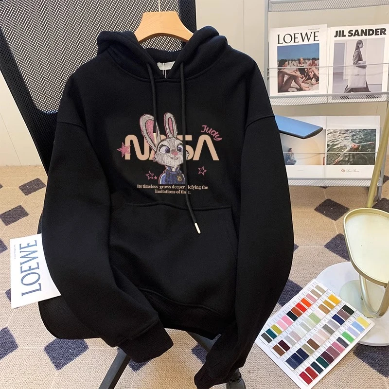 黑色连帽卫衣女2025秋冬新款洋气时髦加绒加厚宽松慵懒风大码上衣