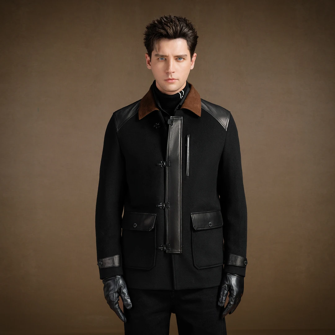 言吉秋冬时尚羊毛外套设计感高端新款轻奢拼皮翻领夹克YJ57165