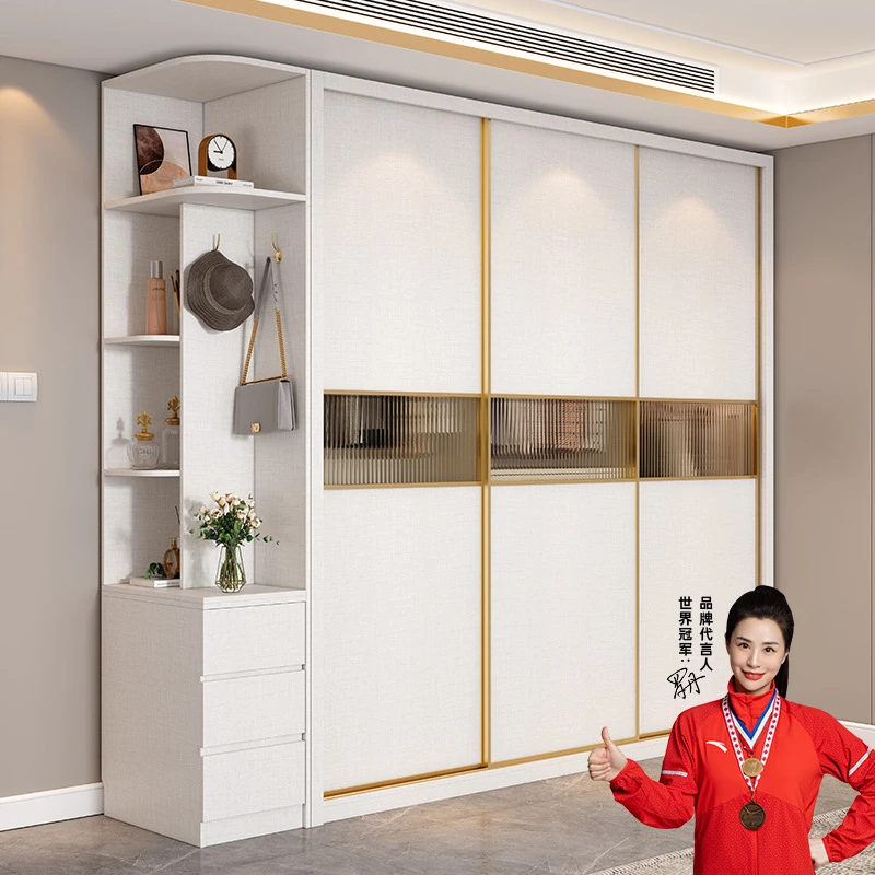 推拉门衣柜一门到顶家用卧室白色移滑门柜子现代简约带转角桌衣橱