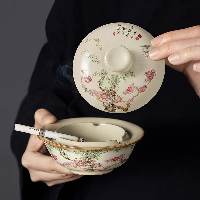 汝窑米黄春燕烟灰缸客厅家用带盖高级个性潮流防飞灰新中式烟缸