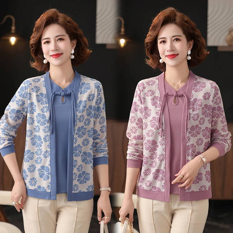 2025春装新款印花针织衫外套中年妈妈女装时尚洋气休闲两件套上衣