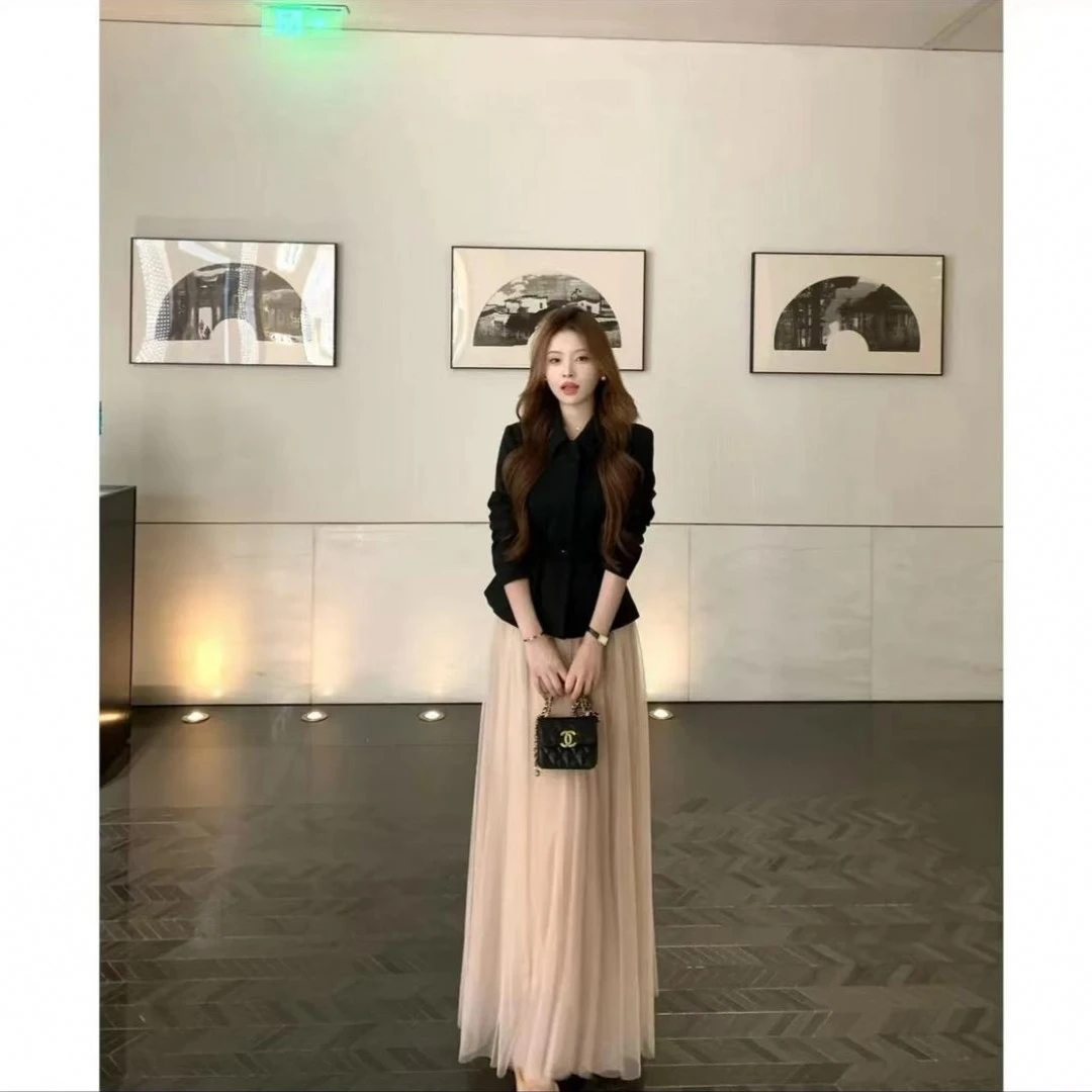 2025年秋季新款韩系高级感气质收腰显瘦西装外套 网纱半裙