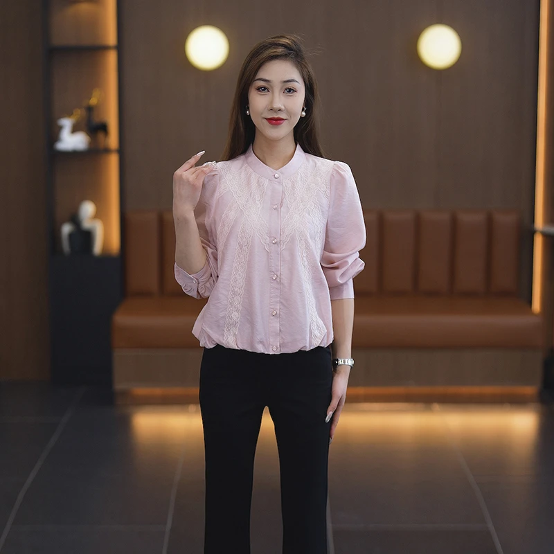 La babite时尚蕾丝拼接长袖衬衫女秋季新款立领上衣气质百搭衬衣