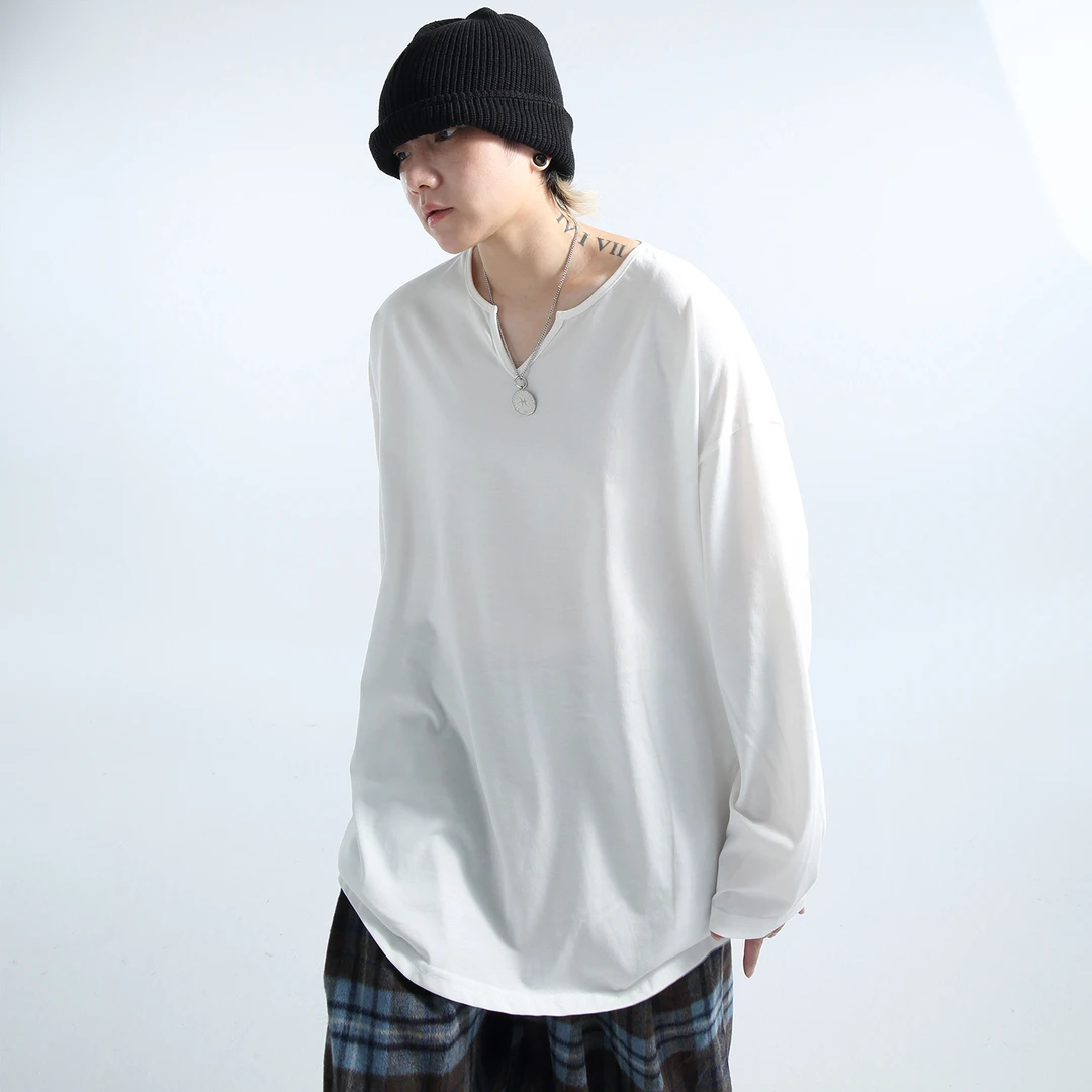 GRNL至简主义 Oversize大廓形纯色小V领长袖T恤TEE男女同款
