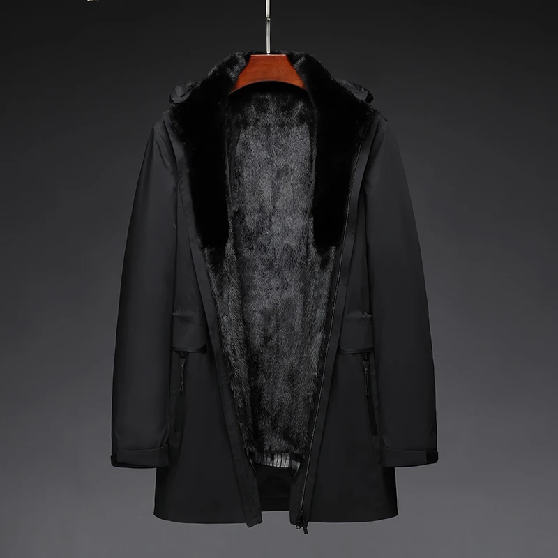 水貂派克服男中长款连帽可拆卸内胆整貂皮冬季厚大衣中年保暖外套