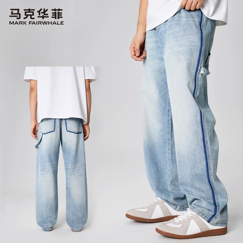 马克华菲夏季新款休闲直筒阔腿裤男士美式复古水洗浅色宽松牛仔裤