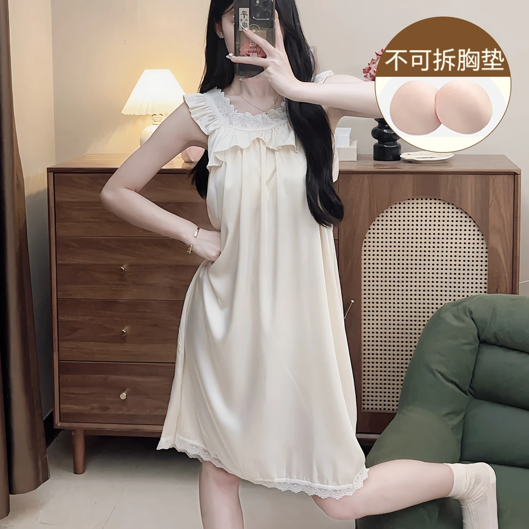 带胸垫睡衣女夏季薄款吊带花边凉感冰丝2025新款少女睡裙家居服