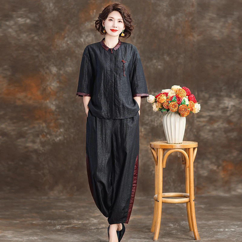 香云纱套装女高端女装正品旗舰店新中式复古妈妈桑蚕丝真丝两件套