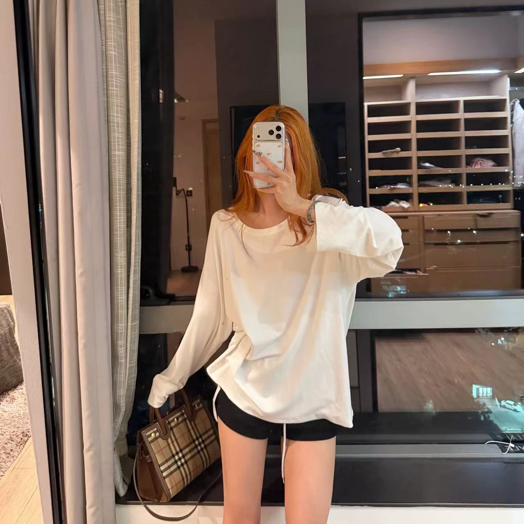 （有运险）1234-秋冬新款长袖T恤女宽松刺绣中长款百搭圆领打底衫