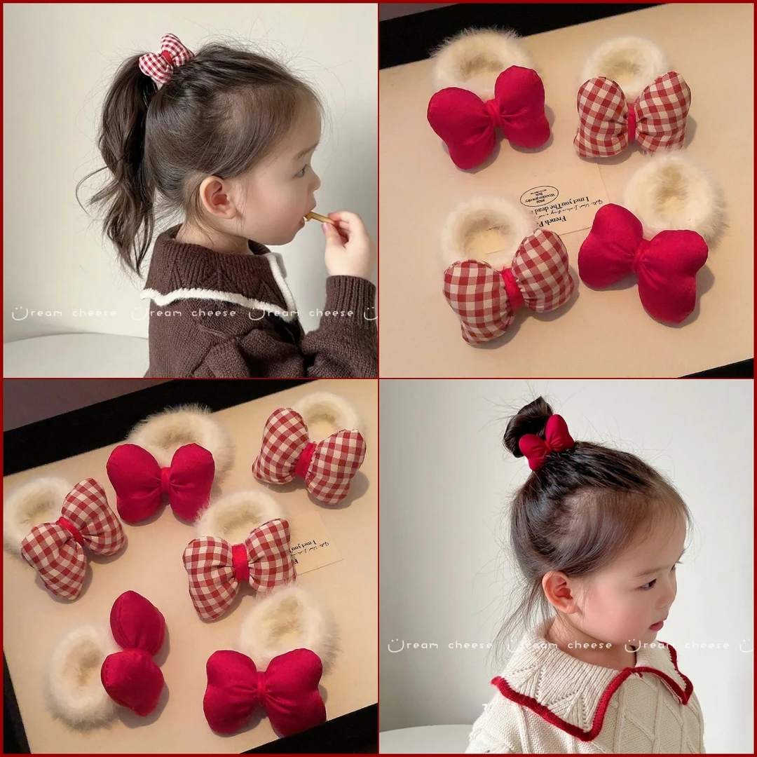 新年红色蝴蝶结丸子头发圈宝宝可爱小头绳甜美喜庆发饰毛绒绒皮筋