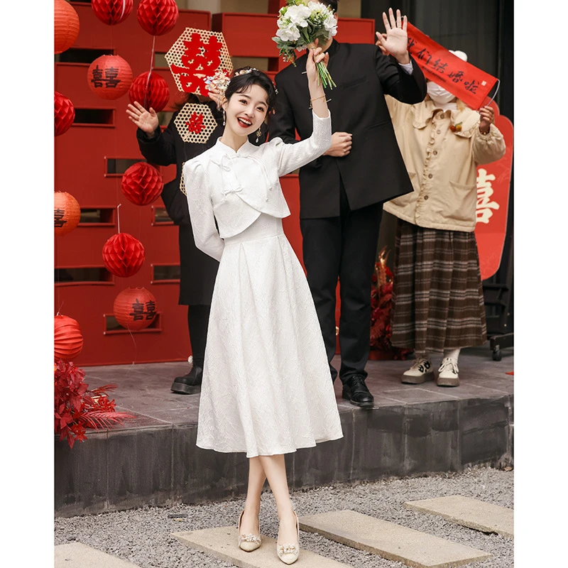 新中式订婚礼服平时可穿领证小白裙敬酒服轻登记衣服白色套装旗dd