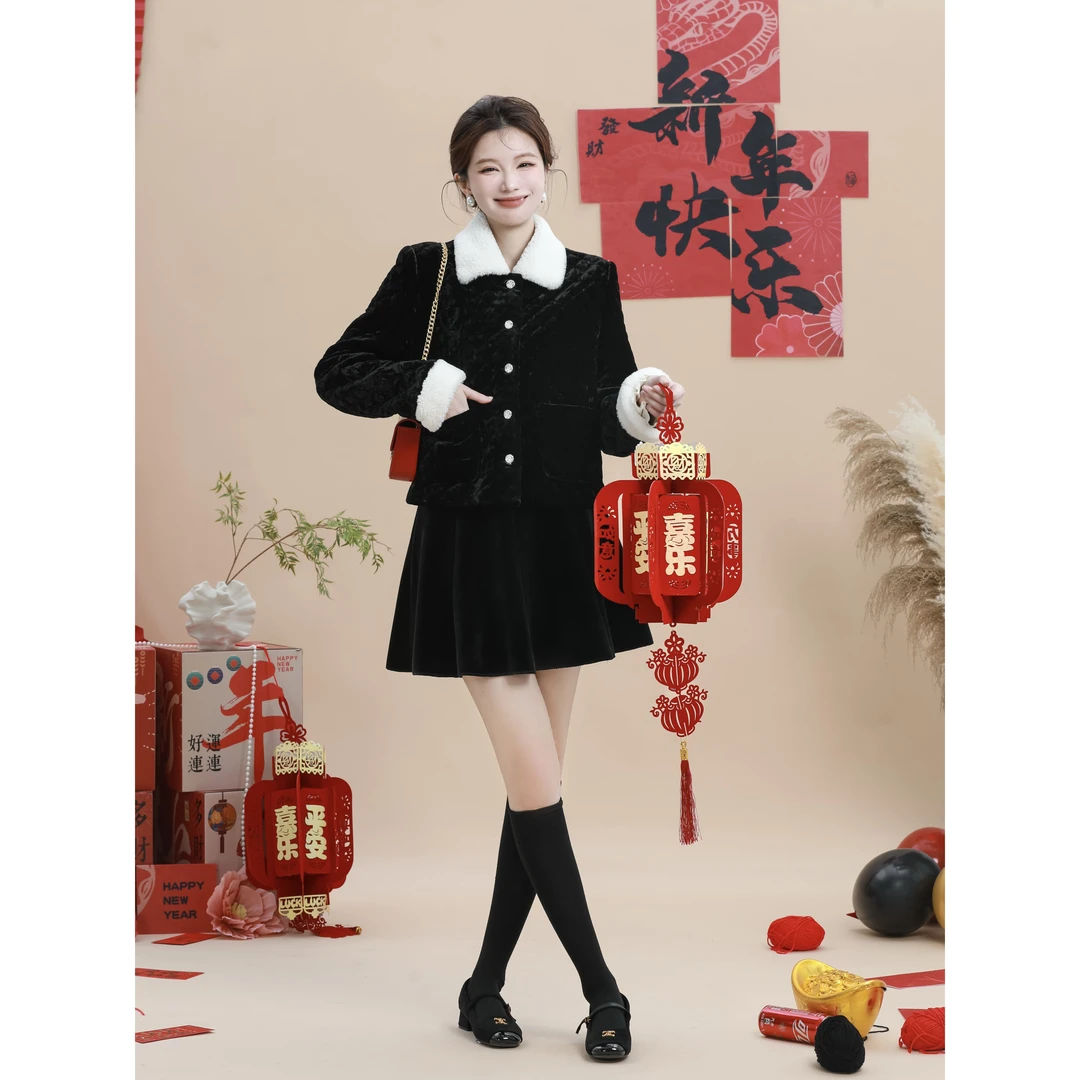 【芝士Cheese】赫尔辛基 秋冬丝绒夹棉加厚时尚气质翻领外套