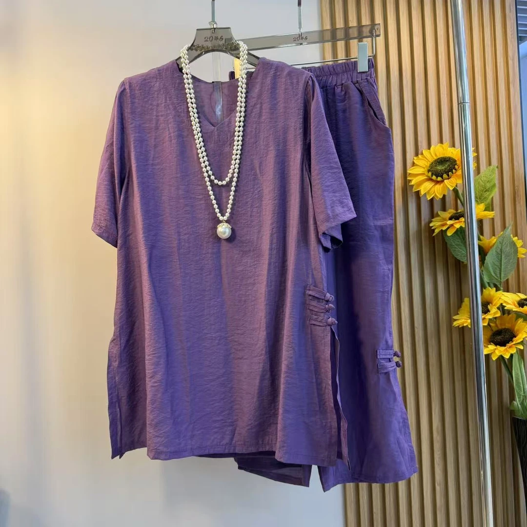 胖妹妹夏季新款时尚复古风套装女韩版洋气拼接短袖大衫上衣阔腿裤