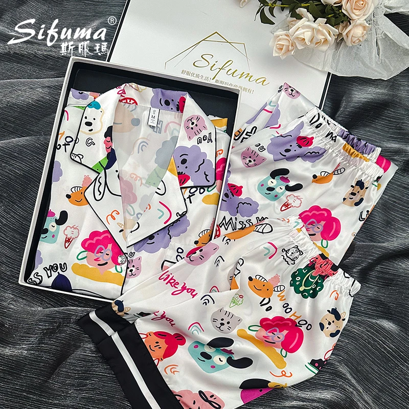 Sifuma/斯服玛《插画萌宠》夏季丝质短袖短长裤三件套睡衣家居服女
