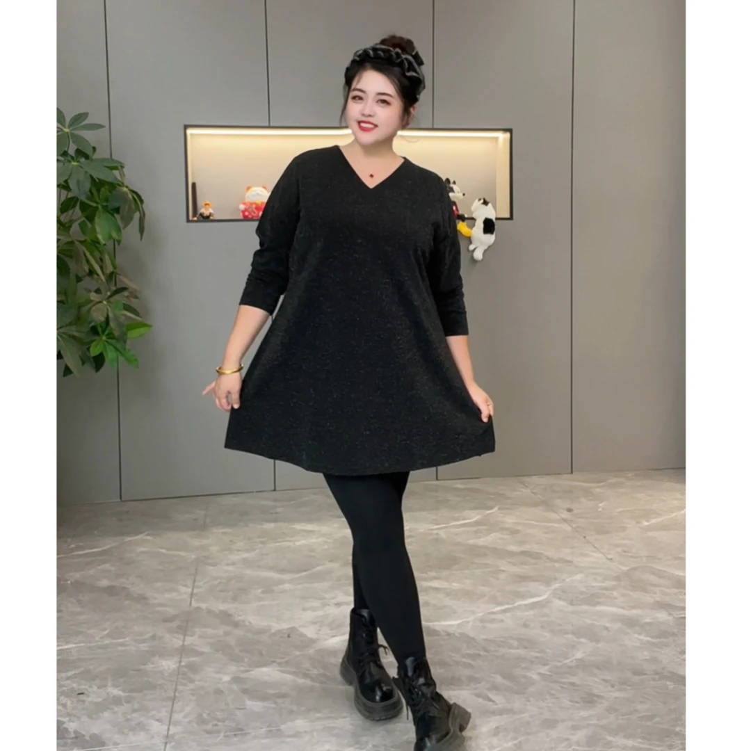 秋季新款宽松显瘦V领特体大码260斤可穿时尚百搭打底大衫裙