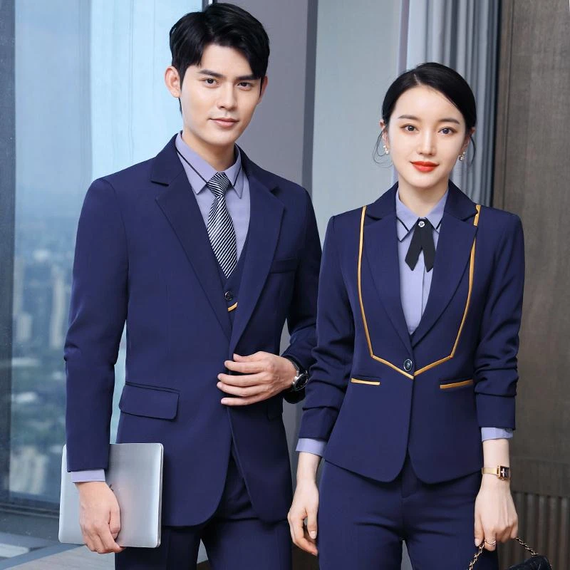 酒店前台收银员工作服蓝色西装职业套装西服秋冬工装制服定制logo