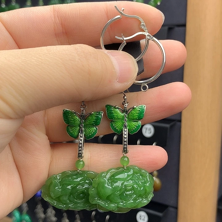 和田玉耳饰银S925镶嵌引