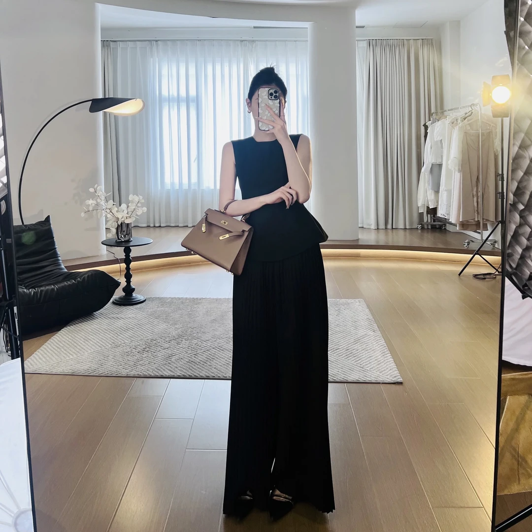 时尚套装夏季现款高腰洋气简约上衣+压褶裤子显瘦阔腿裤气质