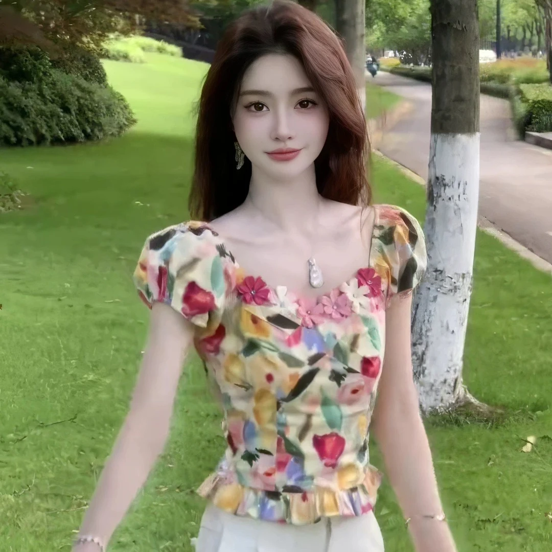 【韵韵】大码法式时尚甜美短袖上衣2025夏季新款设计感减龄花朵小衫