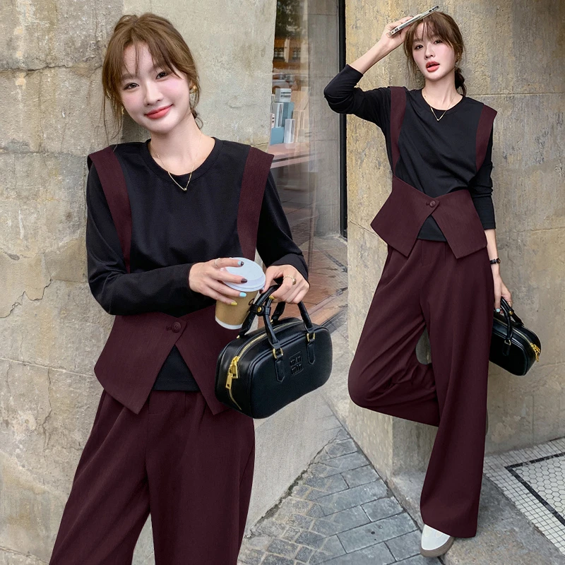 红入秋搭配一整套女高级感T恤阔腿裤两件套时髦独特绝美