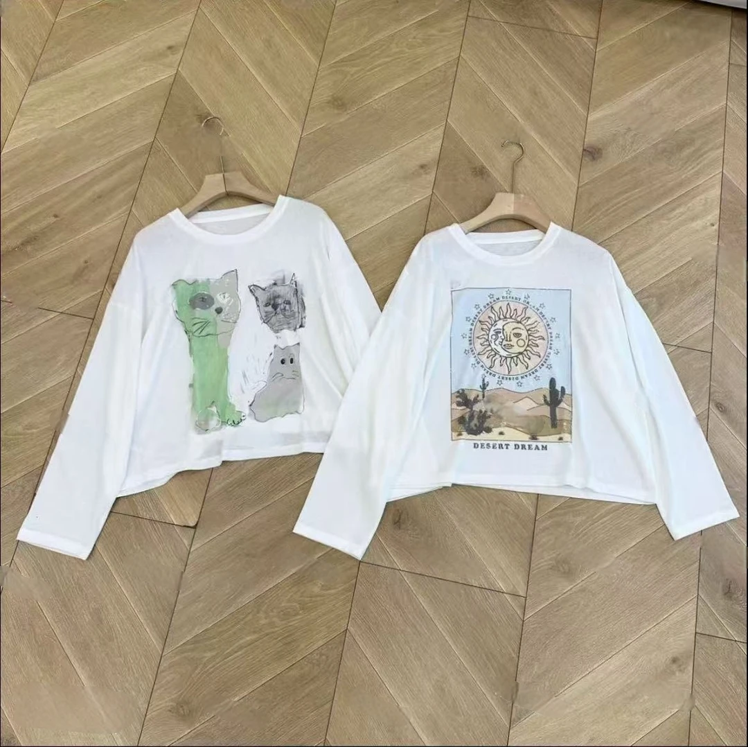 高级感小猫印花长袖t恤女士夏季薄款2025新款打底衫上衣防晒罩衫