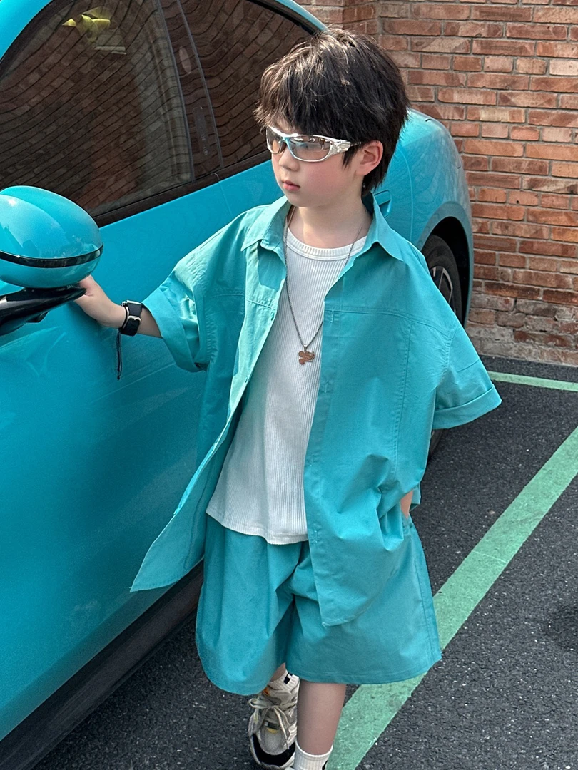 2025夏季潮酷新款儿童水洗纯棉短袖衬衫短裤两件套男童洋气套装