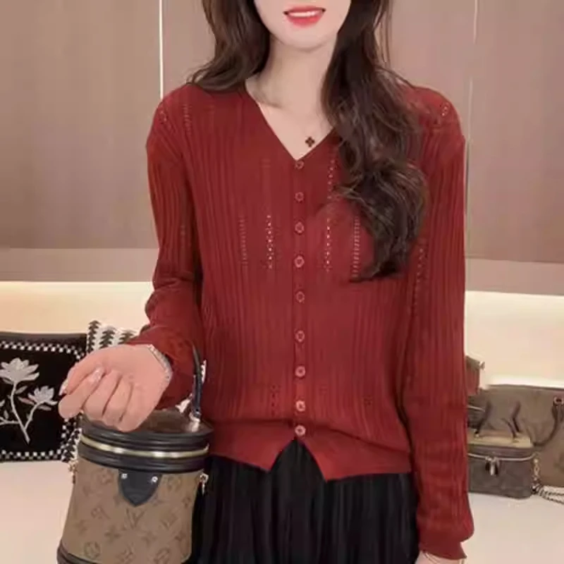 2025春秋新款镂空提花洋气V领针织衫宽松薄款长袖开衫外套上衣女