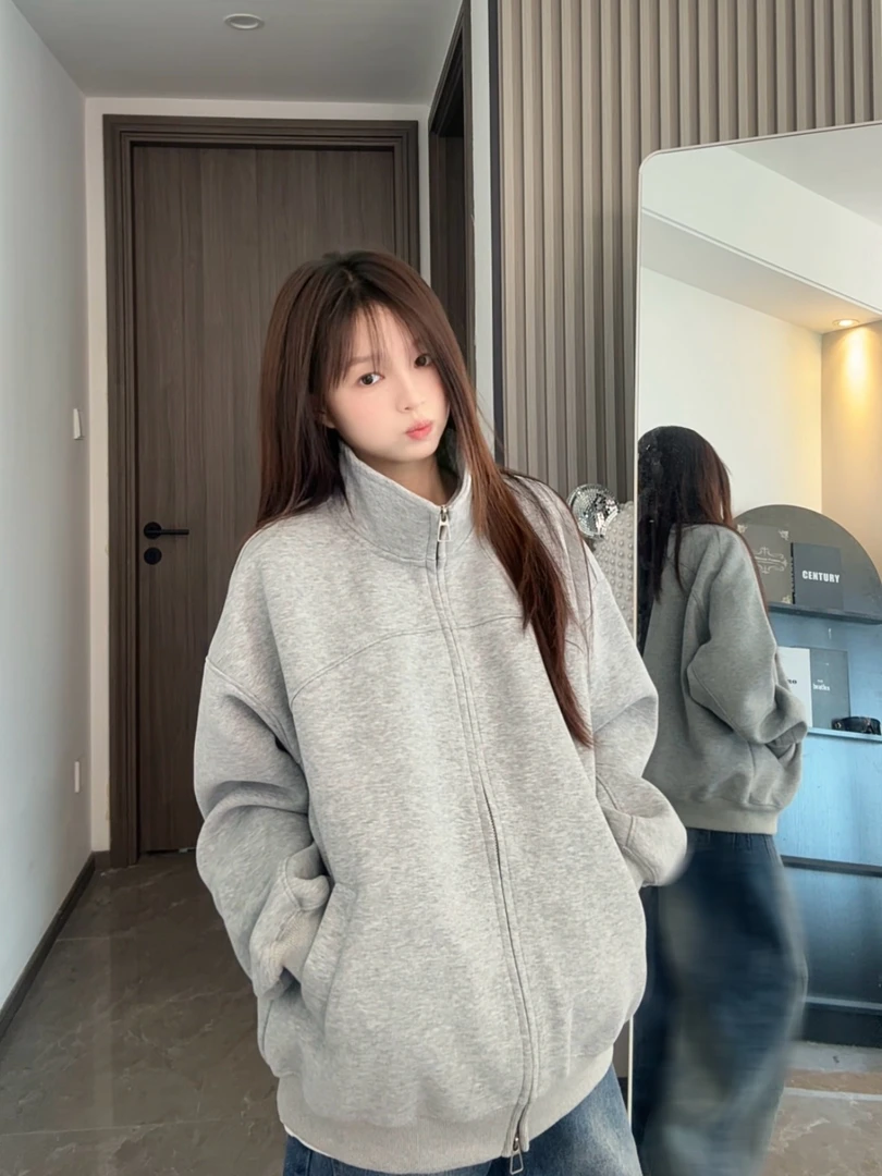 美式cleanfit纯色立领拉链外套男女秋2025新款复古宽松卫衣开衫潮