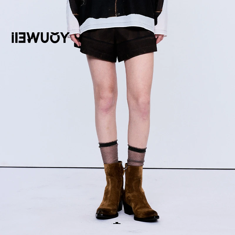 有尾YOUWEI3D印皮高腰牛仔短裤女款女装女士裤子黑色秋冬Y5225301