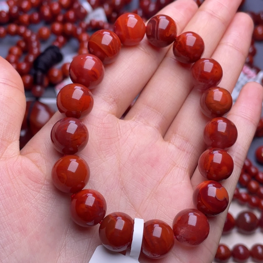 南红玛瑙未镶嵌其他（原矿）12mm高品瓦西玫红火焰纹圆珠手串