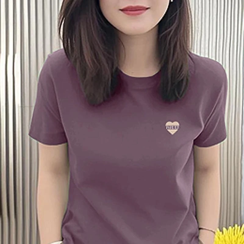 2025夏季韩式新款休闲风纯色系圆领印花宽松设计感短袖T恤上衣女