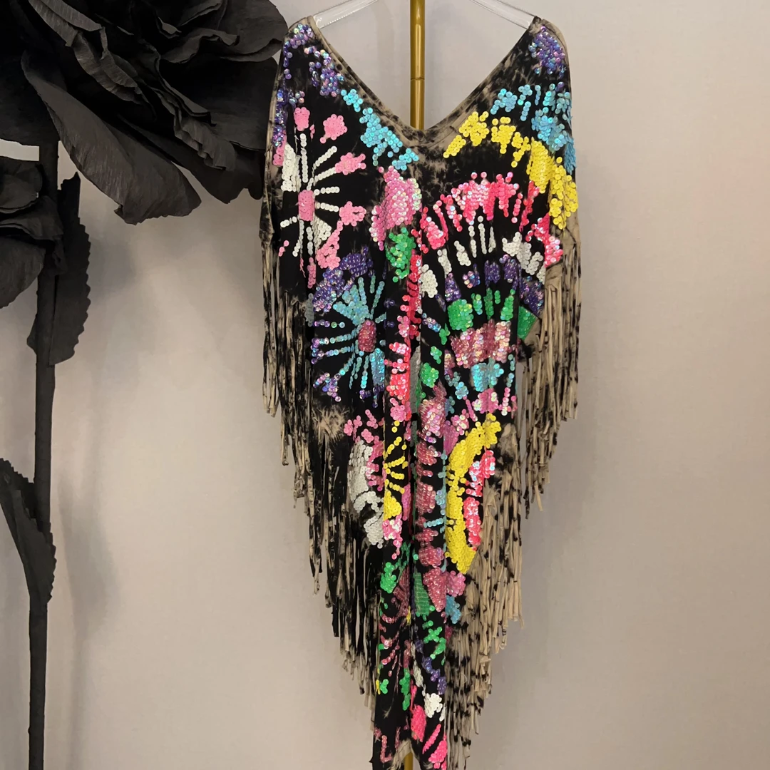 RR2032锐宝潮牌手工重工设计师扎染渐变手绣亮片宽松欧美连衣裙