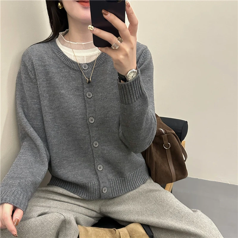 【运费补贴】258秋款圆领纯色加厚针织开衫毛衣女宽松显瘦百搭上衣