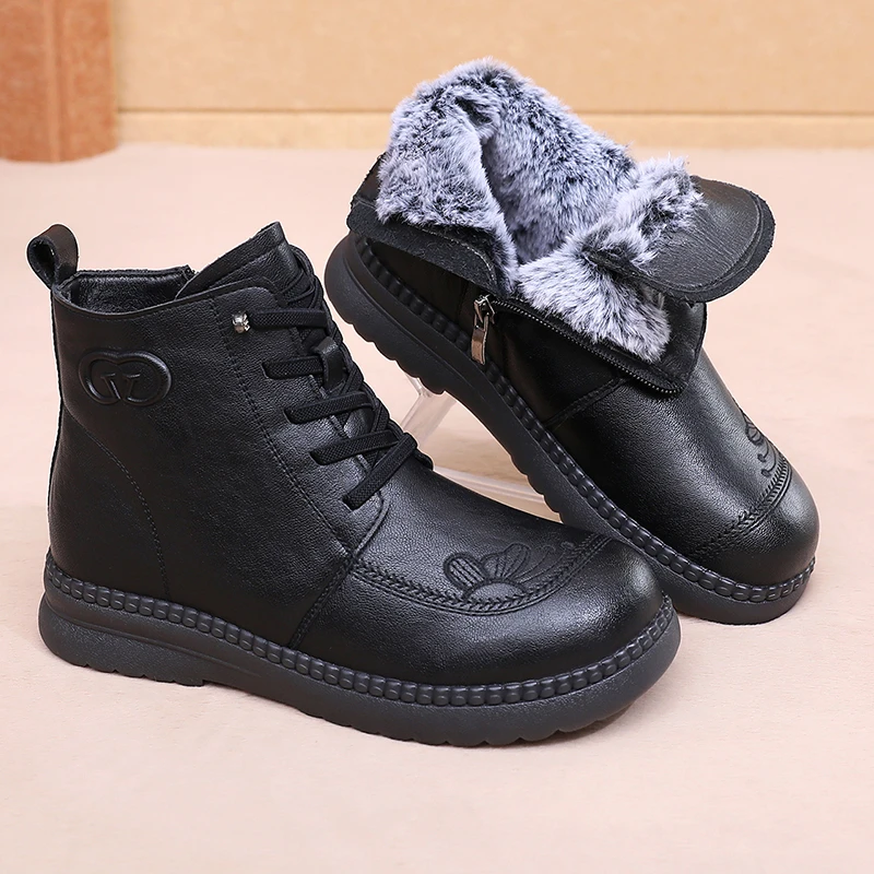 妈妈鞋真皮短靴秋冬靴子女棉鞋加绒软底雪地靴女款爆款2025新款