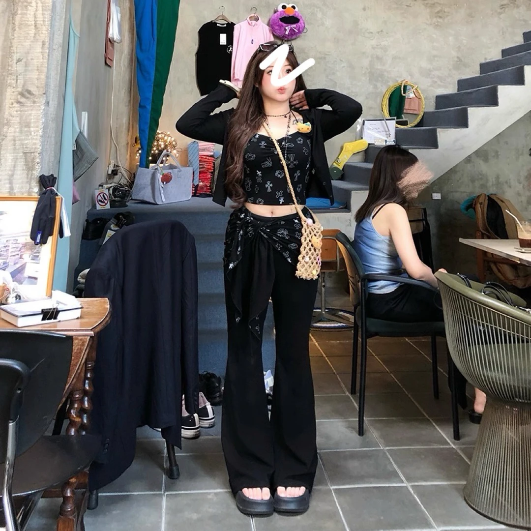 早秋爆款黑猫烙腰线针织吊带微喇裤套装女微胖大码显瘦