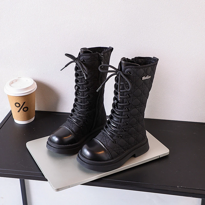 5303女童高筒靴2024冬季新款女童加棉保筒长筒靴黑色保暖防水长靴