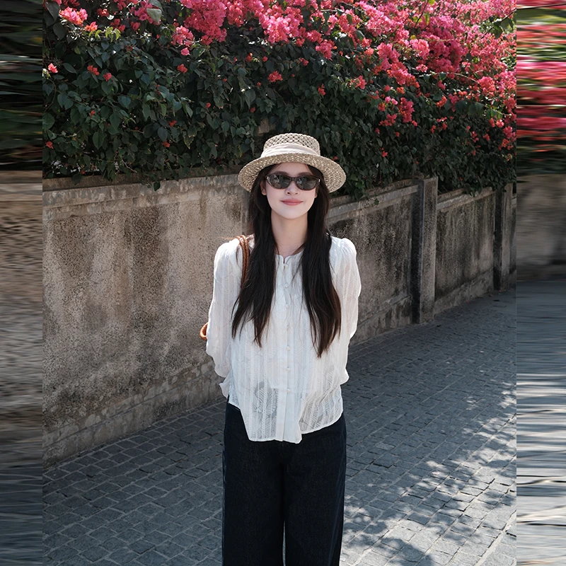 FUTURE BEATS【提琴诗人】法式提花微泡泡袖自带内衬防透衬衫小衫