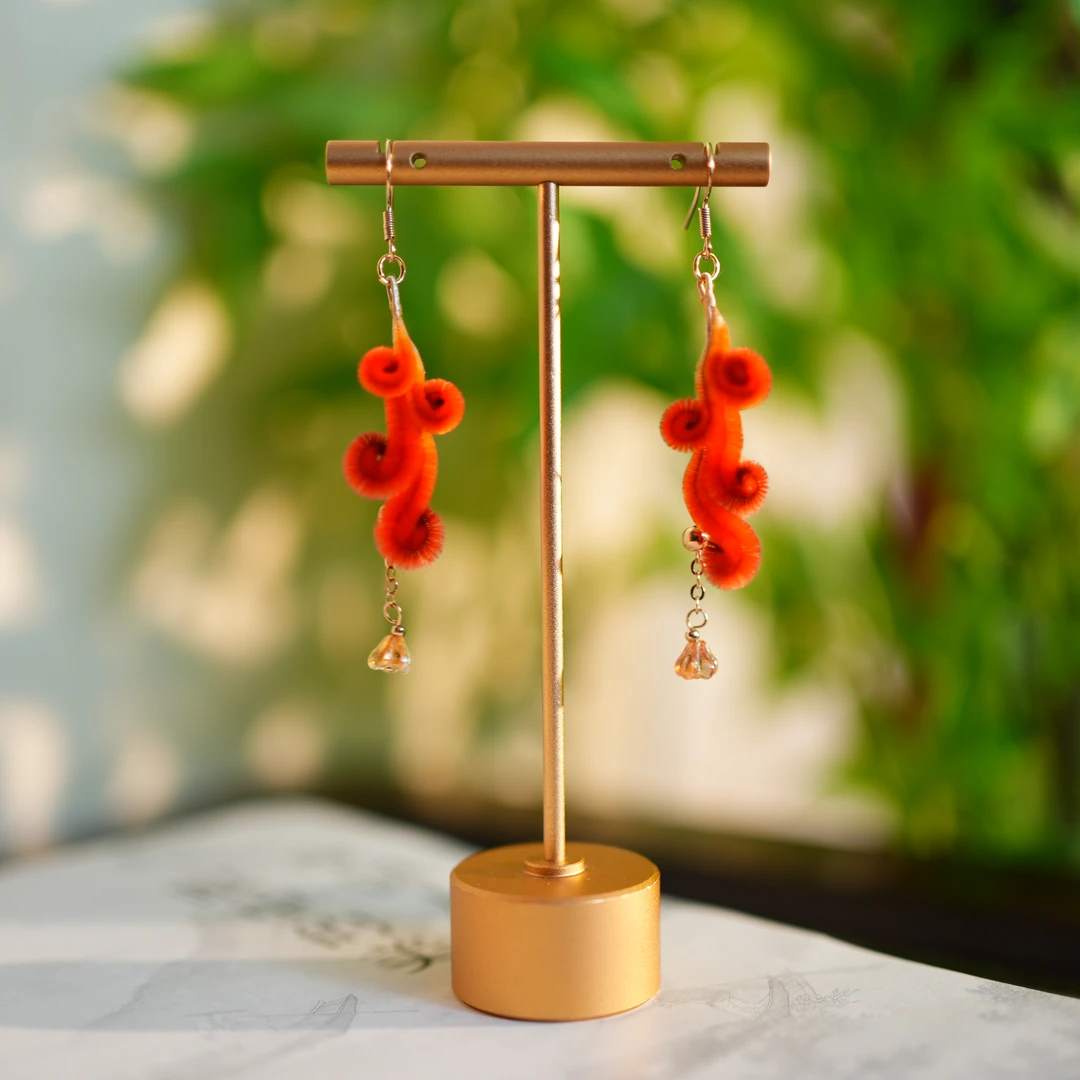 非金属布艺耳饰 【卷草纹耳饰】红色 绒花胖绒 国风百搭