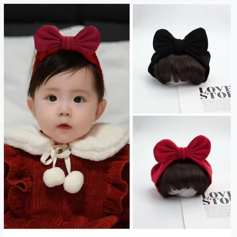 新年婴儿假发生日满月摄影发饰新款幼儿可爱蝴蝶结小宝宝刘海发带