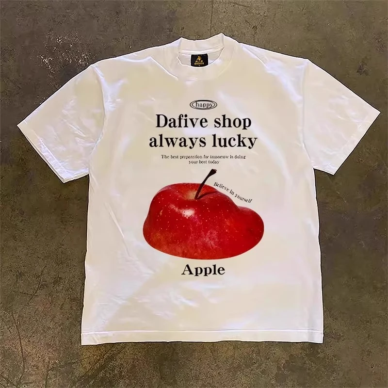 夏季2025新款短袖圆领宽松苹果印花t恤男夏天重磅纯棉休闲情侣tee
