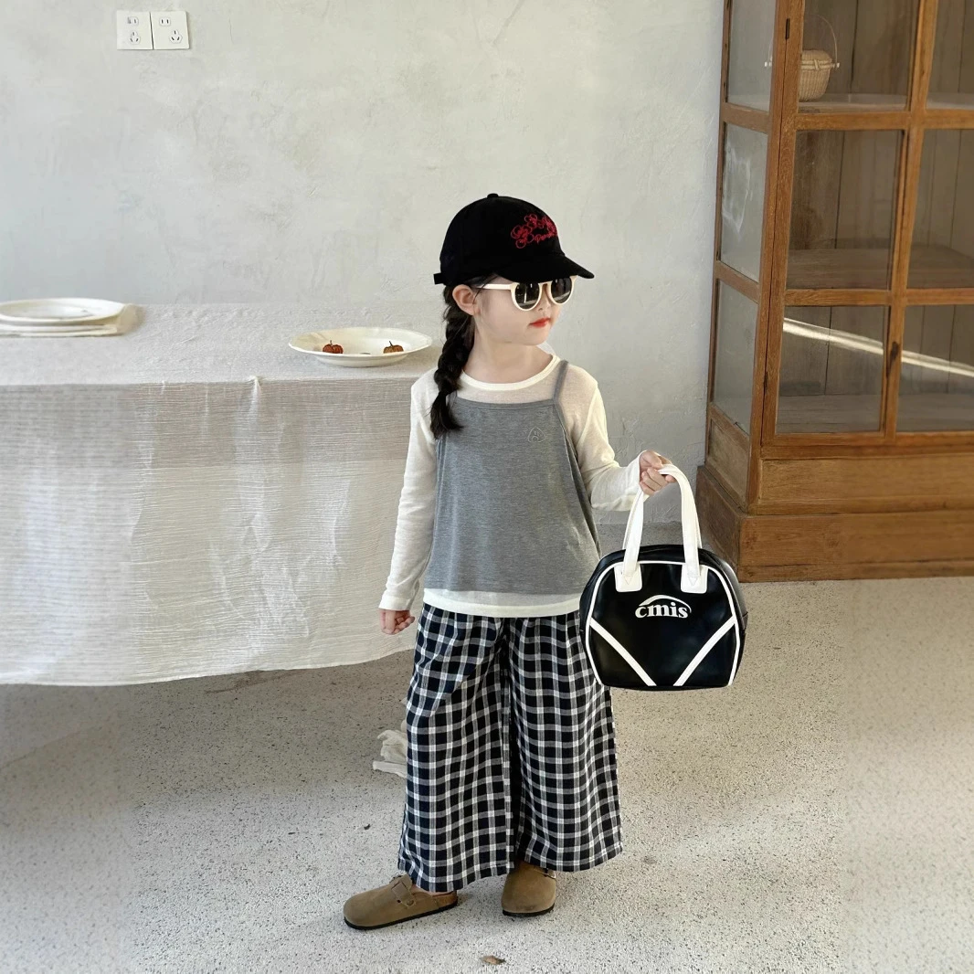 女童春季2025新款儿童时髦洋气无袖背心上衣格子阔腿裤