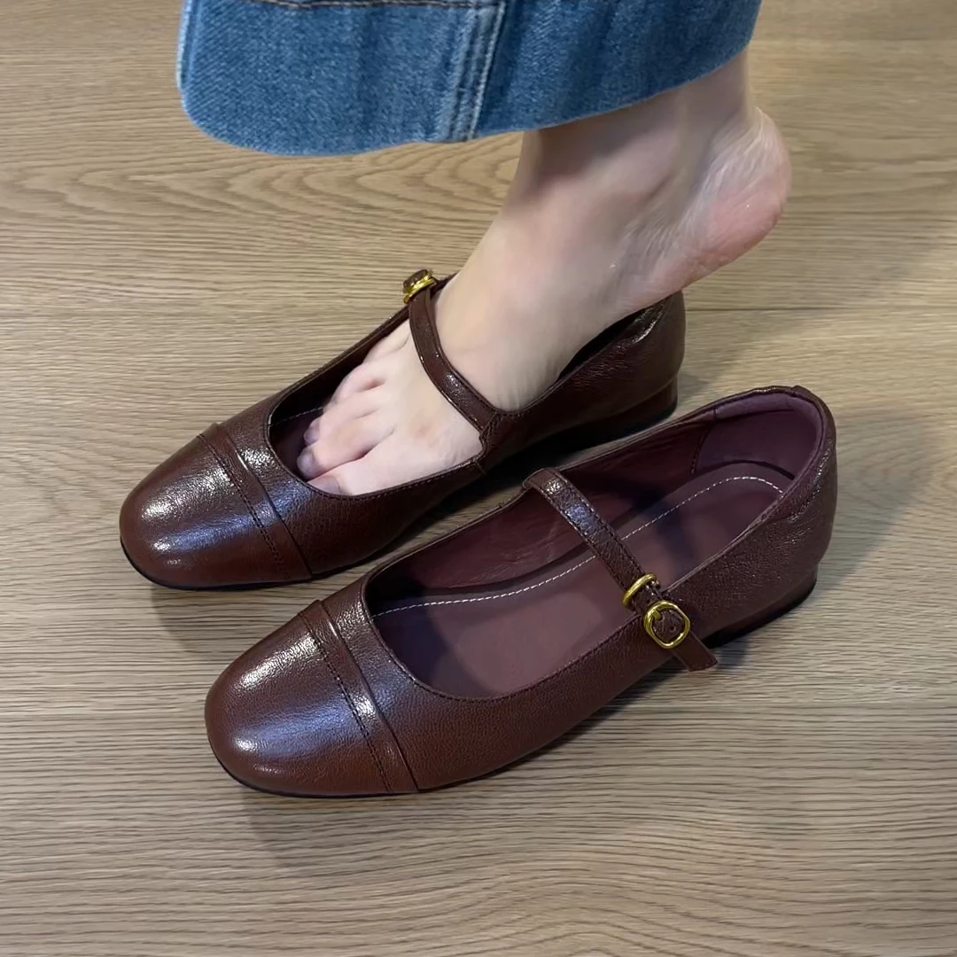 单鞋女夏季新款简约复古一字带玛丽珍单鞋圆头浅口百搭真皮单鞋女