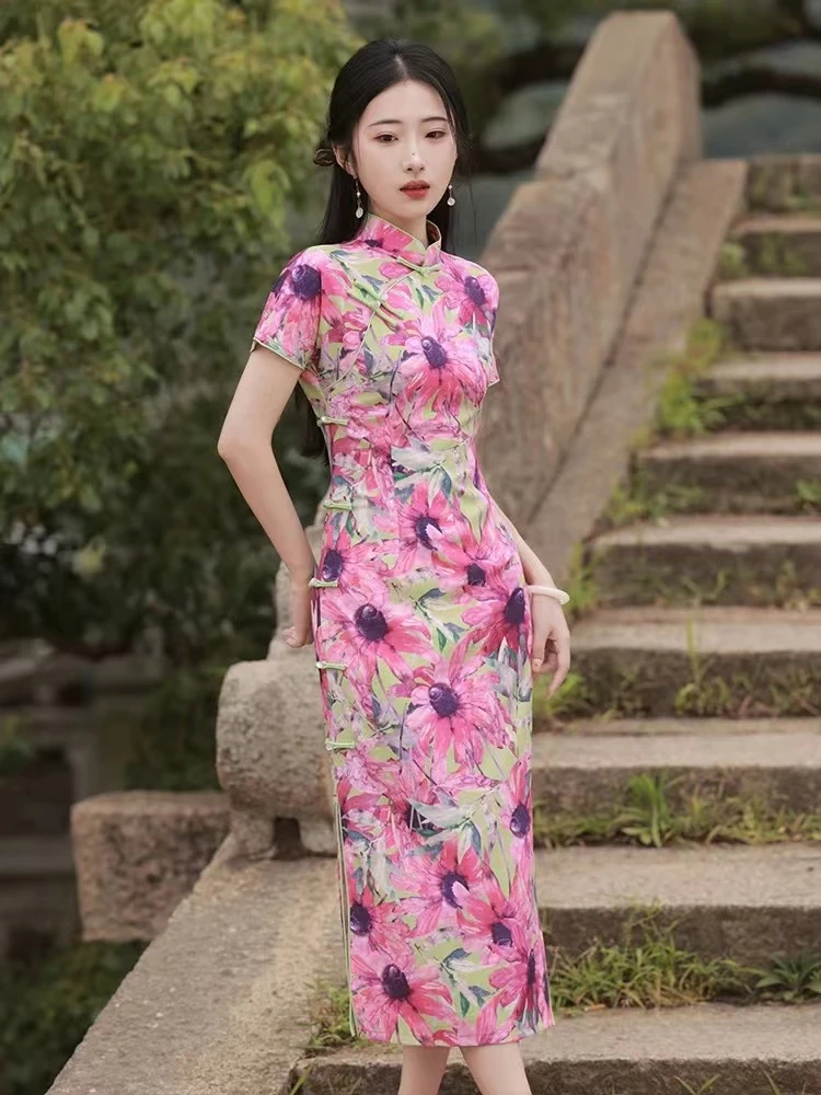 370-粉花 紫花芯 年轻  改良 旗袍