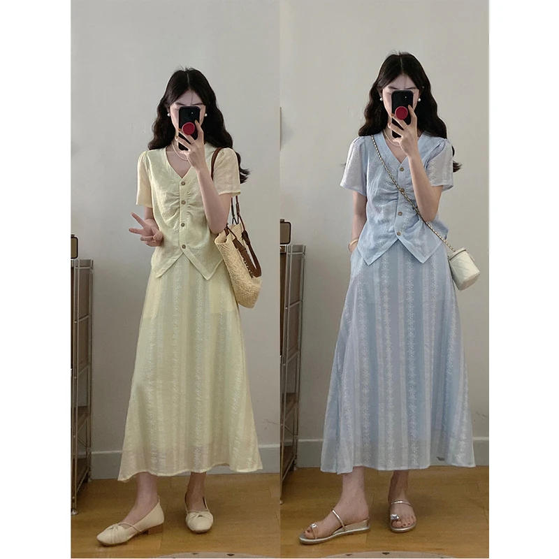 2025夏装新胖mm大码v领提花短款中长款半身裙套装纯欲慵懒风女装