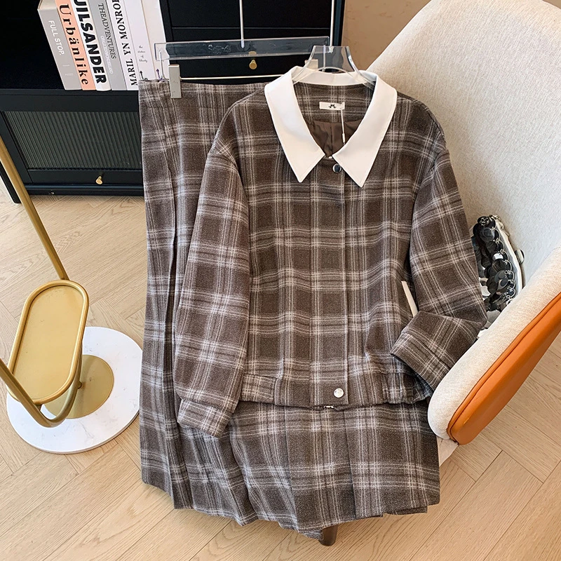 长袖时尚休闲复古秋冬格纹显瘦气质百搭宽松秋季潮流设计感300斤