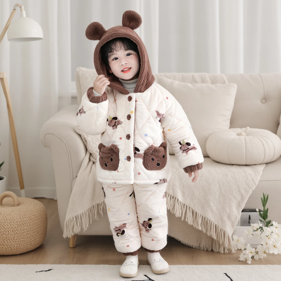 男童睡衣冬装珊瑚绒三层夹棉法兰绒冬季男宝宝加厚儿童保暖家居服